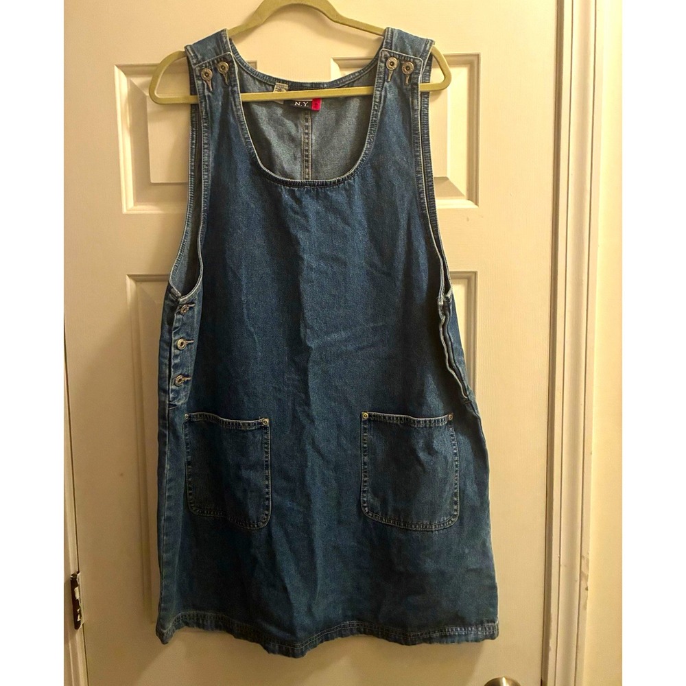 Vintage J.L. N.Y. Women's Blue Denim Overall Dress XL Sleeveless Scoop Neck